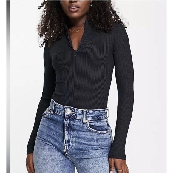 Abercrombie And Fitch Seamless Ribbed Zip Bodysuit Mock Neck Sz M - Picture 2 of 12